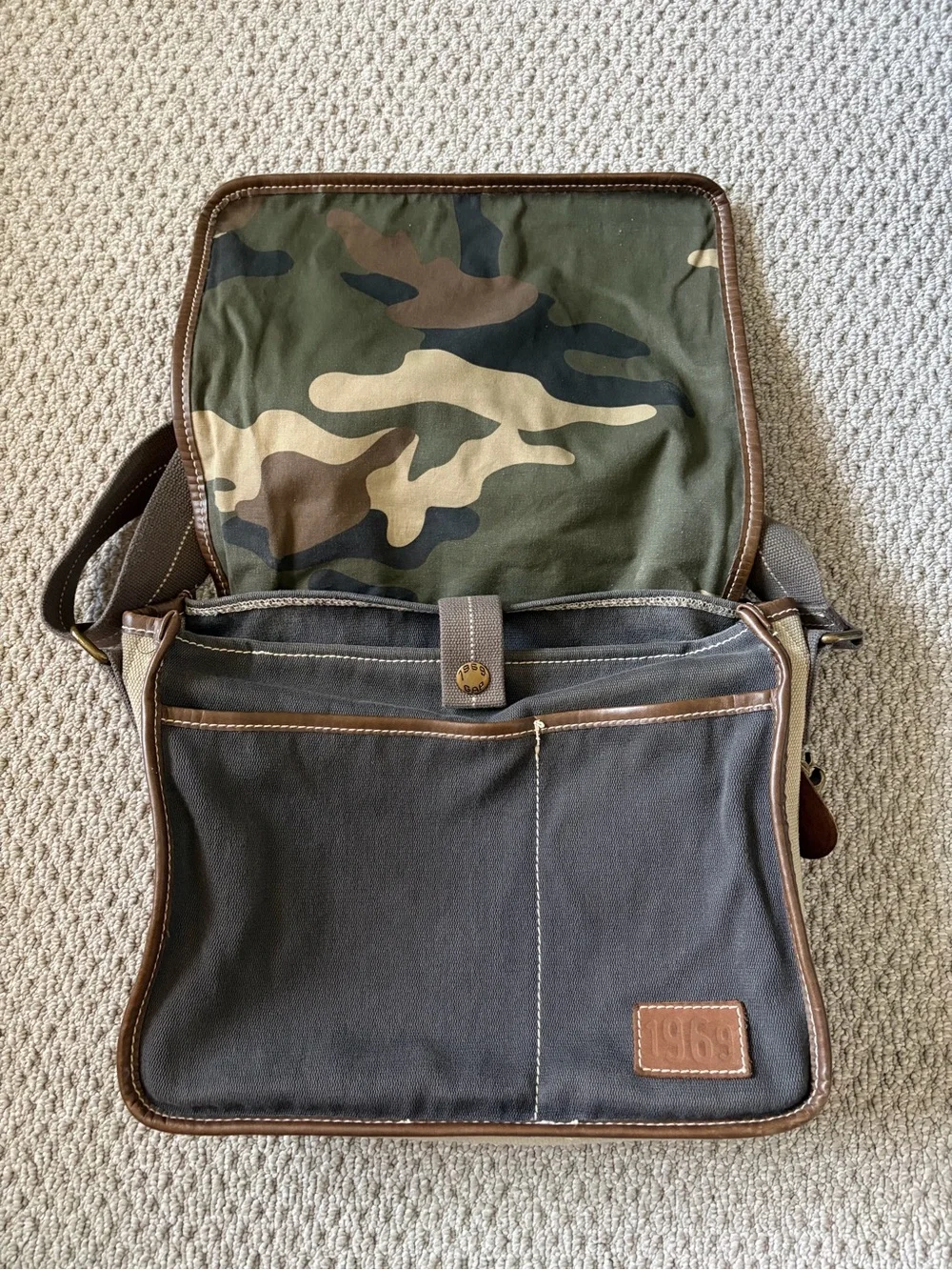 GAP Gray Canvas Messenger Bag with Brown Trim